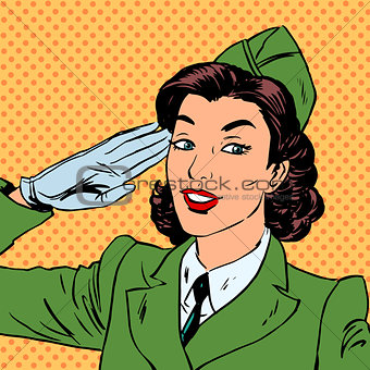  Woman pilot stewardess shape salutes art comics retro style Hal