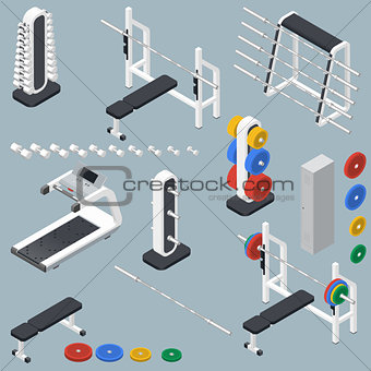 Athletic accessories for fitness center isometric icons set
