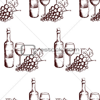 Seamless pattern. Wine bottle, glass and grapes