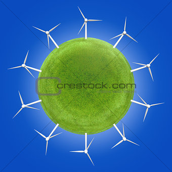 Wind turbines around a green planet symbolizing clean energies