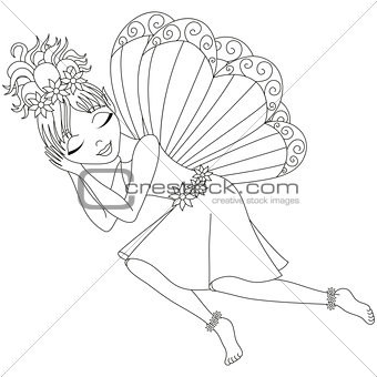 Cute fairy in dress is sleeping, coloring book page