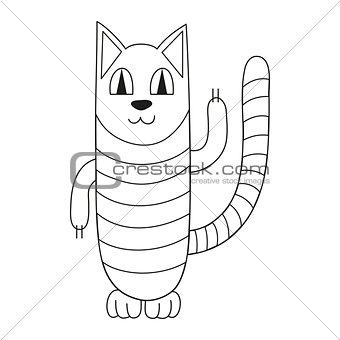 Vector illustration of striped cat smiling, coloring book page