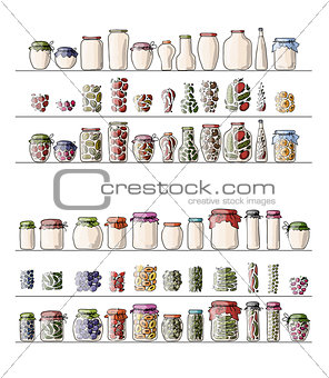 Set of pickle jars with fruits and vegetables
