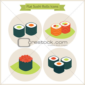 Flat Sushi Rolls Circle Icons Set