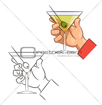 Glass of martini with olive in hand