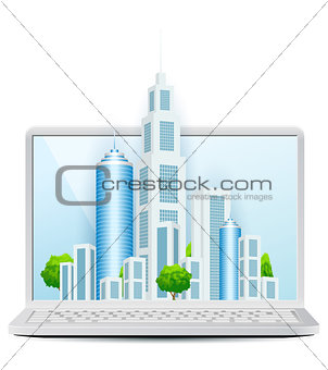 Modern City on Laptop Icon isolated on white background. Vector 