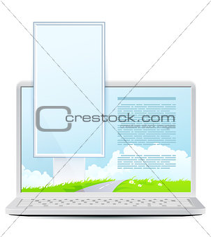 Laptop with Green Landscape and Vertical Bigboard Icolated on Wh