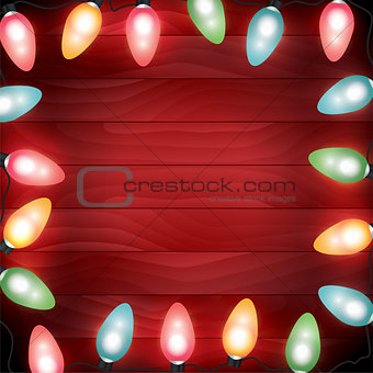 Colorful Christmas Lights on Red Wooden Background Illustration