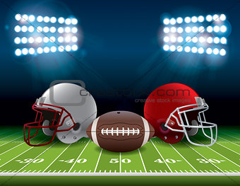 American Football Field with Helmets and Ball Illustration