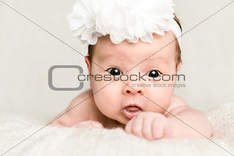Portrait of newborn baby girl  with white headband 