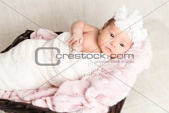  Newborn baby  with white headband laying in the basket