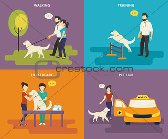 Family with pet concept flat icons set