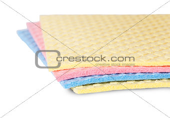 Closeup multicolored sponges for dishwashing rotated