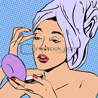 Woman morning after a shower do makeup  style art pop retro