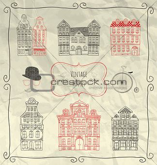 Vector Hand Sketched Vintage Old Styled Doodle Houses
