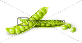 Two young disclosed pod of green peas