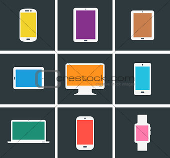 Flat modern colored electronic gadgets