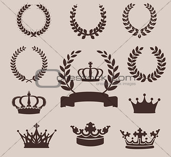 Set of laurel wreaths and crowns. Vintage emblem
