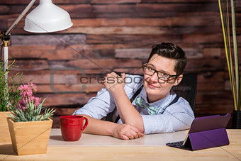 Easygoing Lesbian Working at Desk
