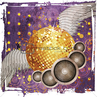 Grunge gold disco ball with wings