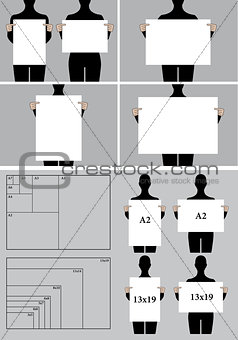 people holding blank poster templates, vector set
