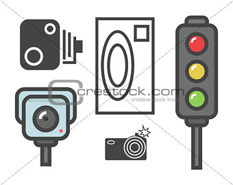 vector flat design illustration of road speed camera signs and traffic lights