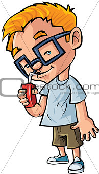 Cute cartoon boy with glasses drinking juice