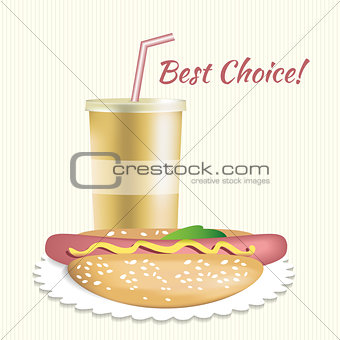 Paper cup with soda and hotdog 