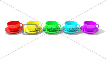 Five empty coffee cups aligned with rainbow colours