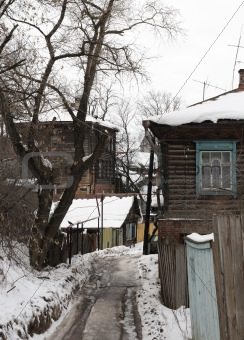 Old wooden street in a ravine. Kazan.