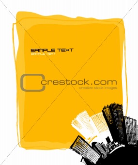 Yellow board with silhouette of city in the corner. Vector