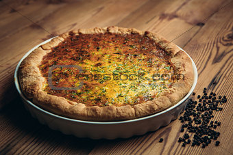 Homestyle pie served in rustic setting
