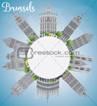 Brussels skyline with grey building, blue sky and copy space
