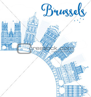 Outline Brussels skyline with blue building and copy space