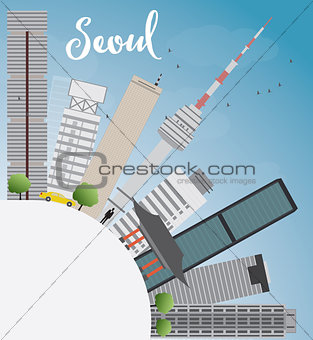Seoul skyline with grey building, blue sky and copy space