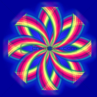 mandala flower, rainbow colors in circles over blue
