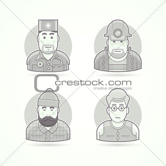 Doctor, mines worker, lumberjack, teacher icons. Avatar and person illustrations. Flat black and white outlined style.