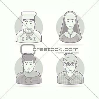 Cook, nun, stylist and designer icons. Avatar and person illustrations. Flat black and white outlined style.