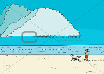 Male Walking Dog at Seashore