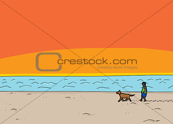 Walking Dog at Beach Sunset