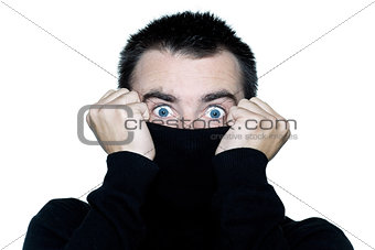 shy man surprised anonymous hiding behind his pull over