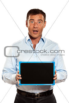 one surprised man holding a blackboard copy space message
