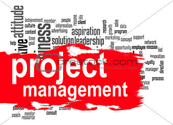 Project management word cloud with red banner