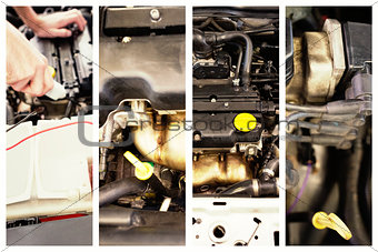 Composite image of mechanic working under the hood