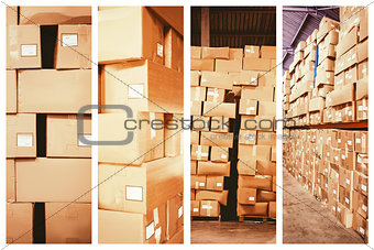 Composite image of cardboard boxes in warehouse