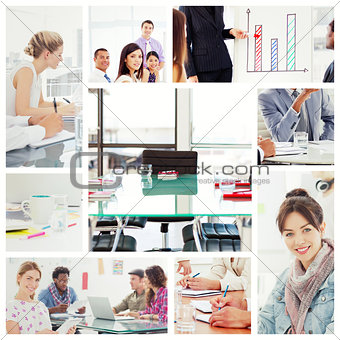 Composite image of editor holding tablet and smiling as team works behind her