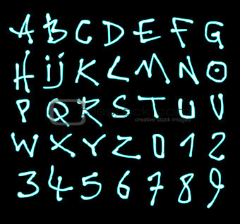 liquid font and number neon alphabet over black