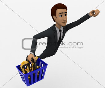 man flying upward carrying a basket containing percentage symbol concept