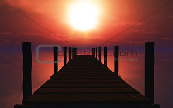 3D wooden jetty at sunset