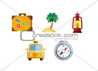Flat icons set traveling on airplane, planning a summer vacation, tourism and journey object, passenger luggage.
